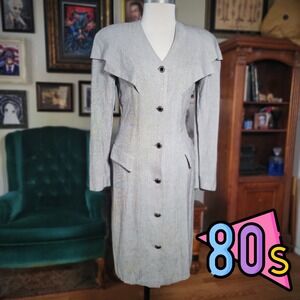 Vintage 80s DB Designs Grey Button Front Power Suit Sheath Dress Shoulder Pads S